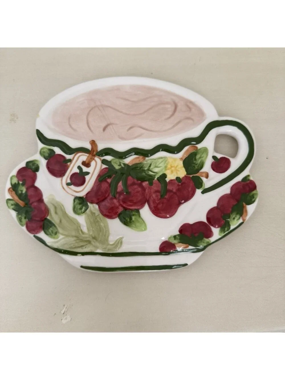 Ceramic Teacup and Cherries Decorative Accent and Wall Hanging.